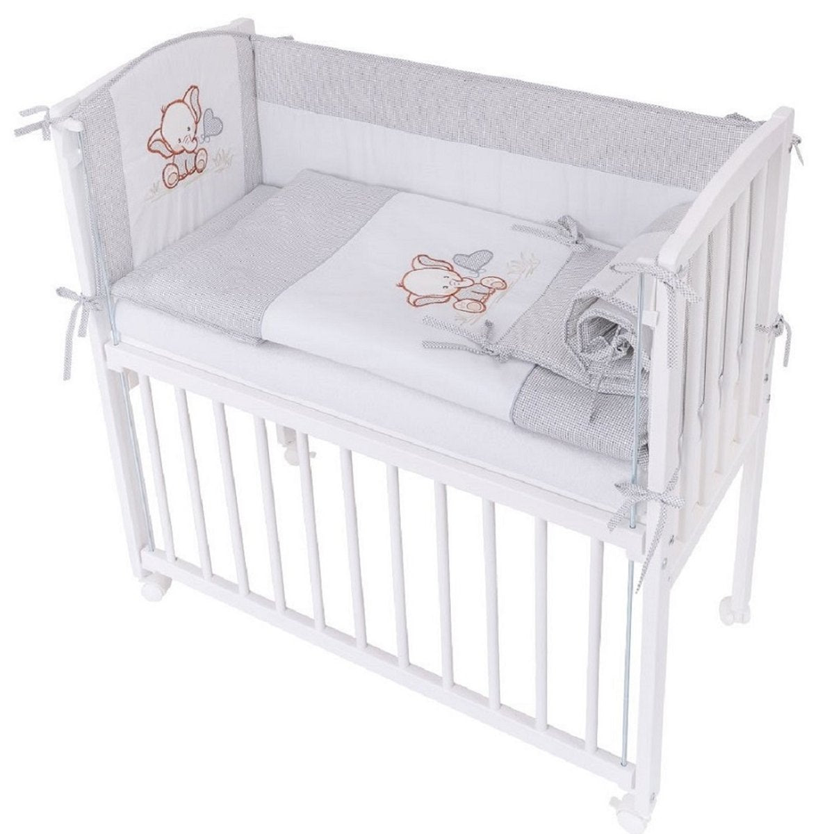 Komplett-Set Babybett mit Elefantenstickerei, Himmel und Vollausstattung in Grau
