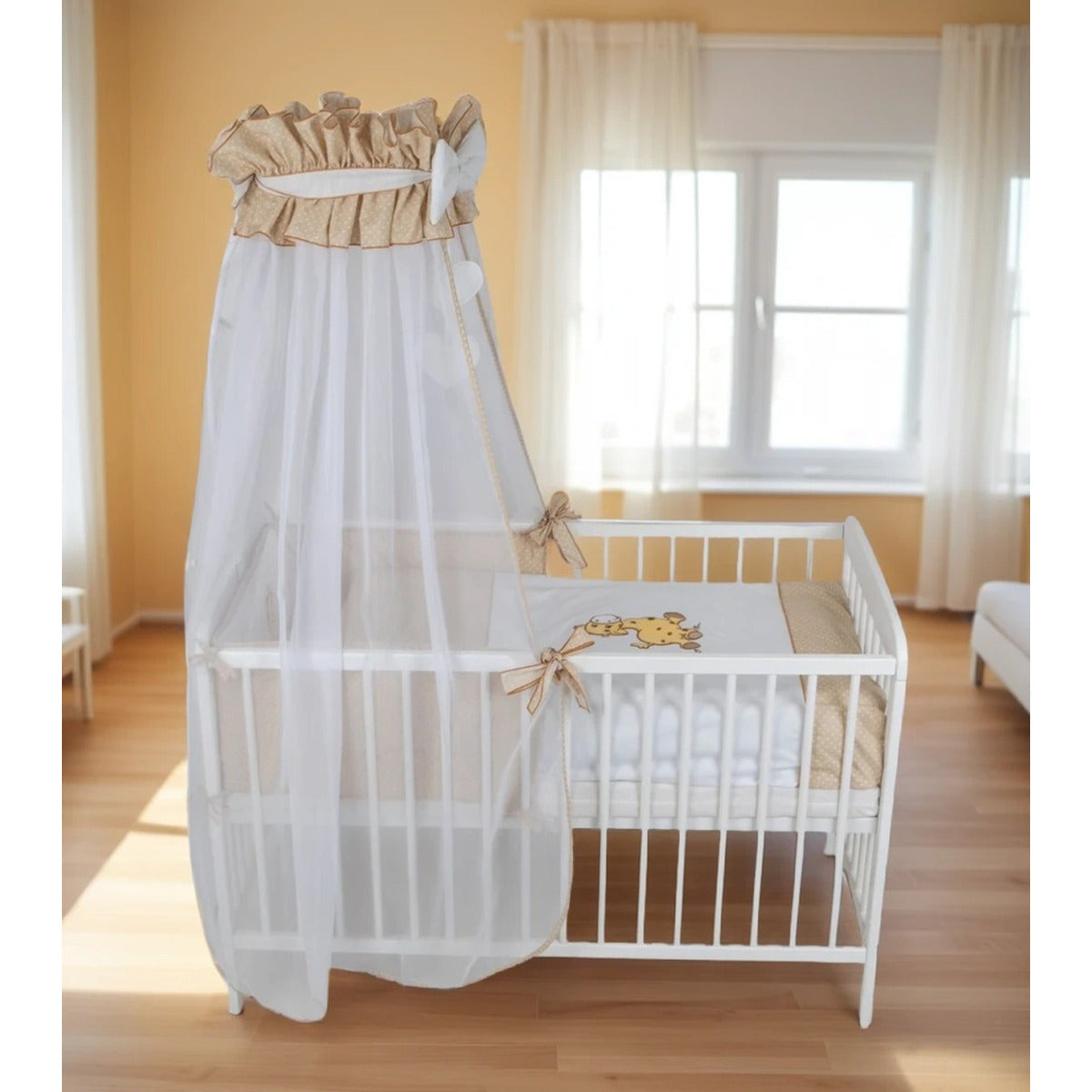 Babybett 60x120 Weiß mit Himmel und Bettwäsche Set Giraffe Beige