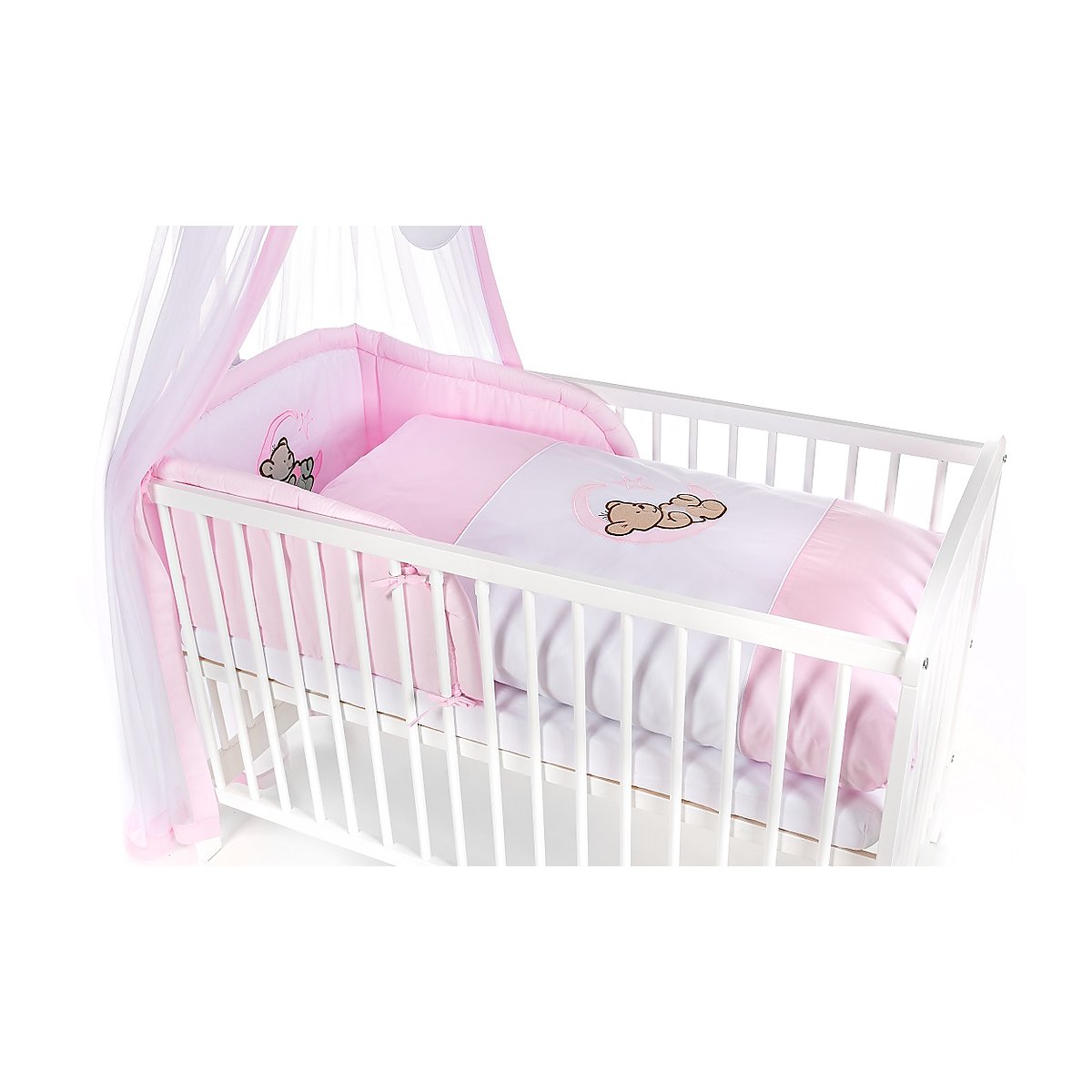 Babybett Nestchenset Rosa mit Teddybär Mond Motiv für Babybett 60x120