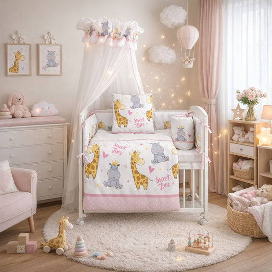 Rosa Babybett mit Baldachin und Bettwäsche mit Giraffen- und Nilpferd-Motiv im modernen Kinderzimmer