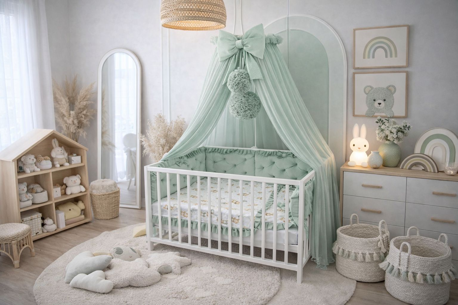 Babybett 60x120 Grün mit Baldachin, Deko und Textilien