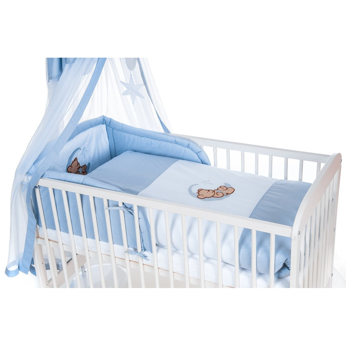 Babybett 60x120 Weiß mit Bettwäsche Set Teddy Mond Blau und Baldachin
