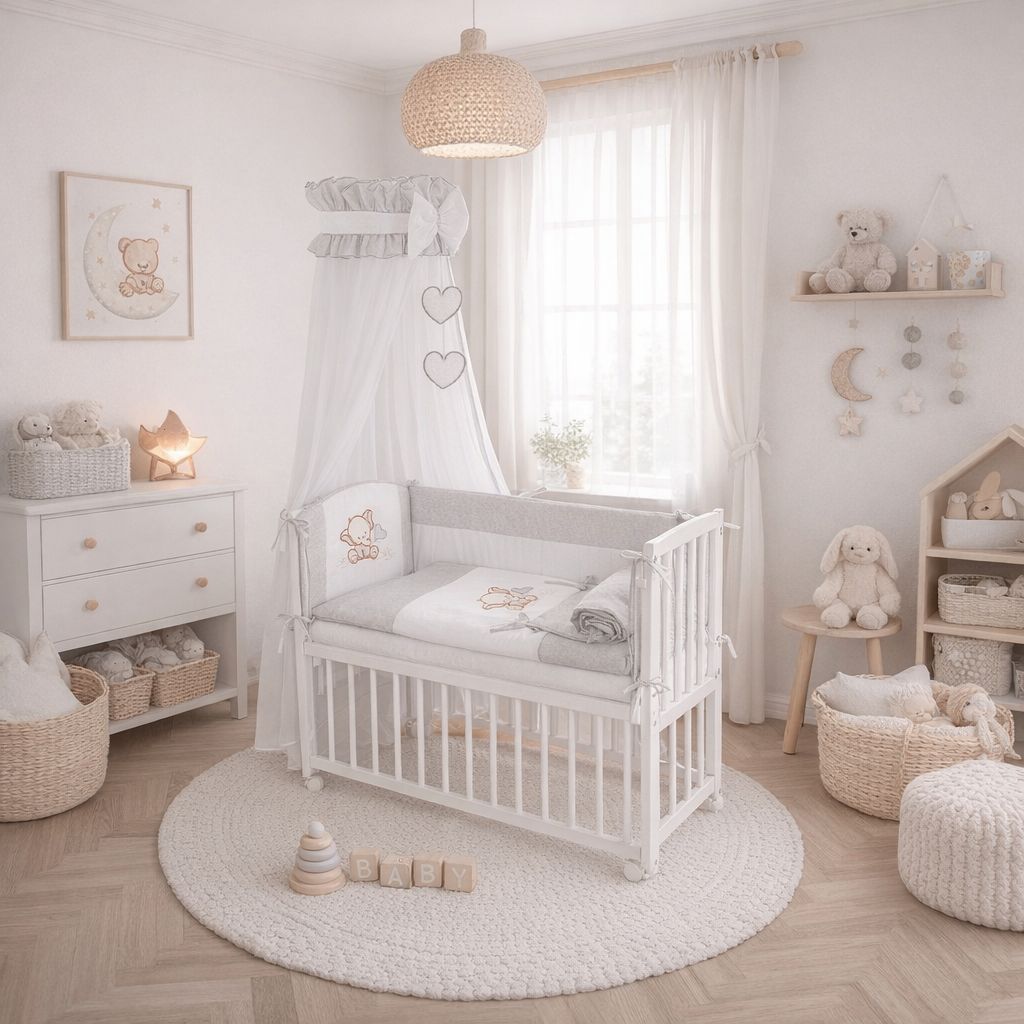 Skandinavisches Babyzimmer mit weißem Beistellbett, grauem Himmelbett-Baldachin und neutraler Einrichtung in Naturtönen