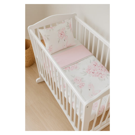 Baumwoll Bettwäsche für Babybett – Flamingo Motiv mit Blumen, 4-teilig