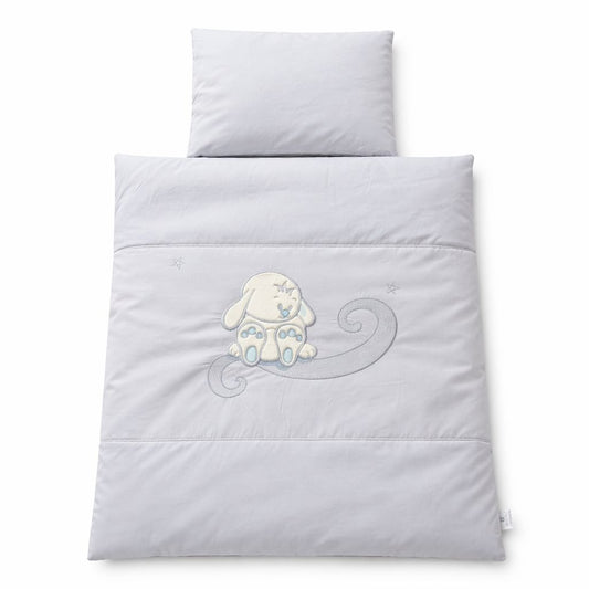 Babybettwäsche Set 4-teilig grau mit Welpe Stickerei für Beistellbett, Wiege und Kinderwagen