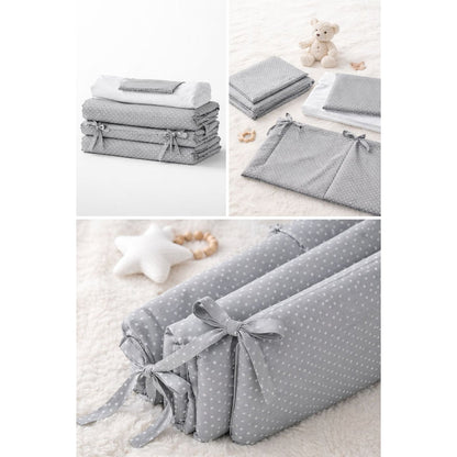 Babybettwäsche Set 4-teilig grau mit Punkten inklusive Nestchen und Tüll-Baldachin