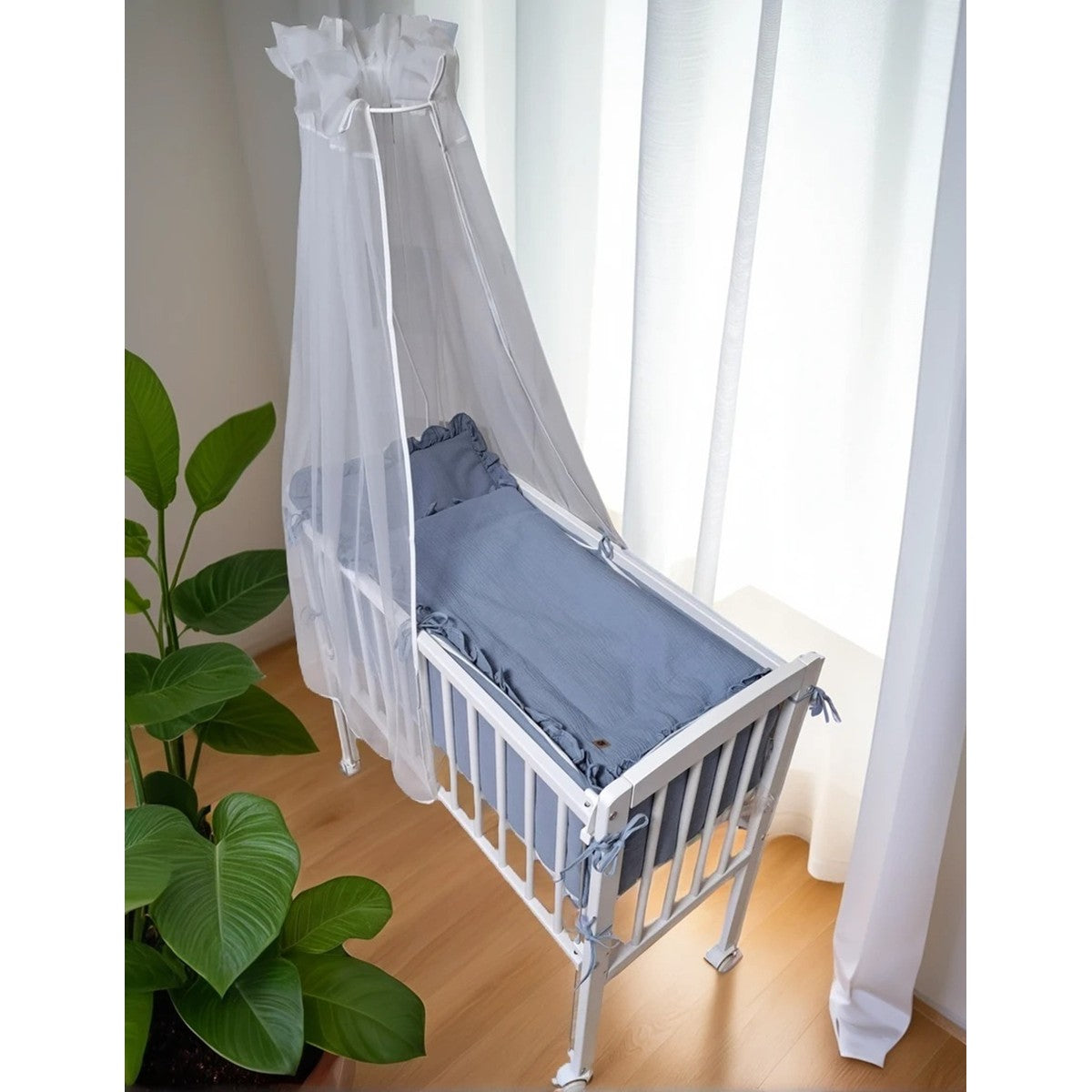 3in1 Beistellbett mit Musselin-Bettwäsche – Jeansblau - babyhafen.de 