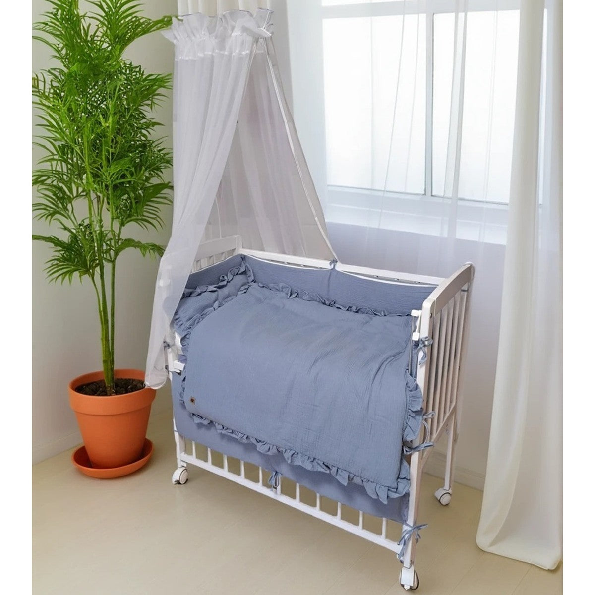 3in1 Beistellbett mit Musselin-Bettwäsche – Jeansblau - babyhafen.de 