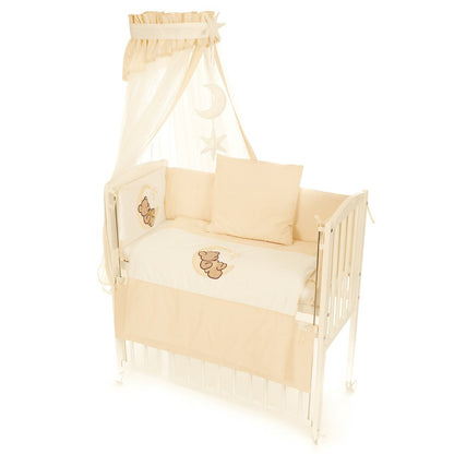 Babybett komplett beige mit Teddybär-Design und Baldachin