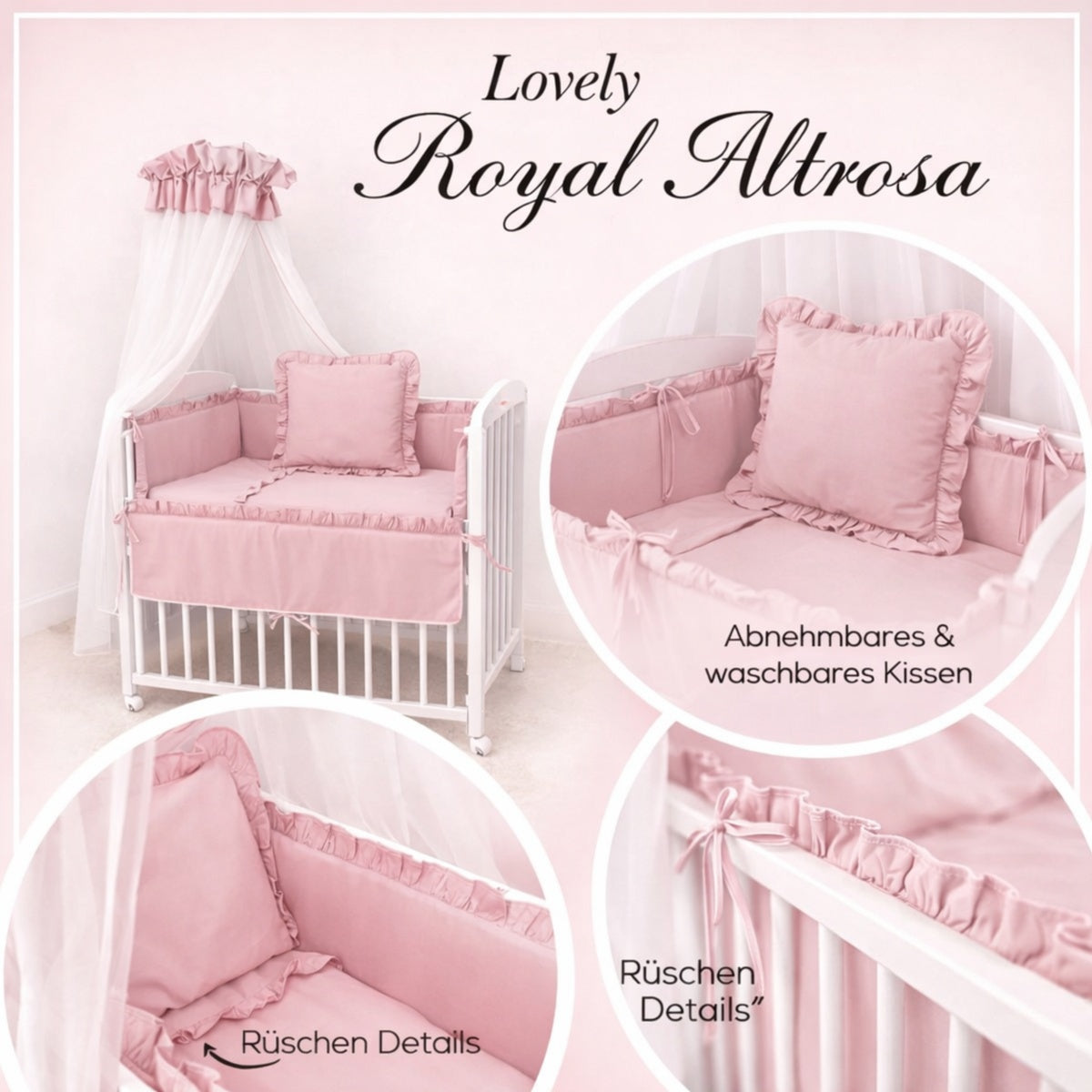 Babyhafen Beistellbett 90x40 Royal Altrosa mit Himmel und Rueschen Bettset