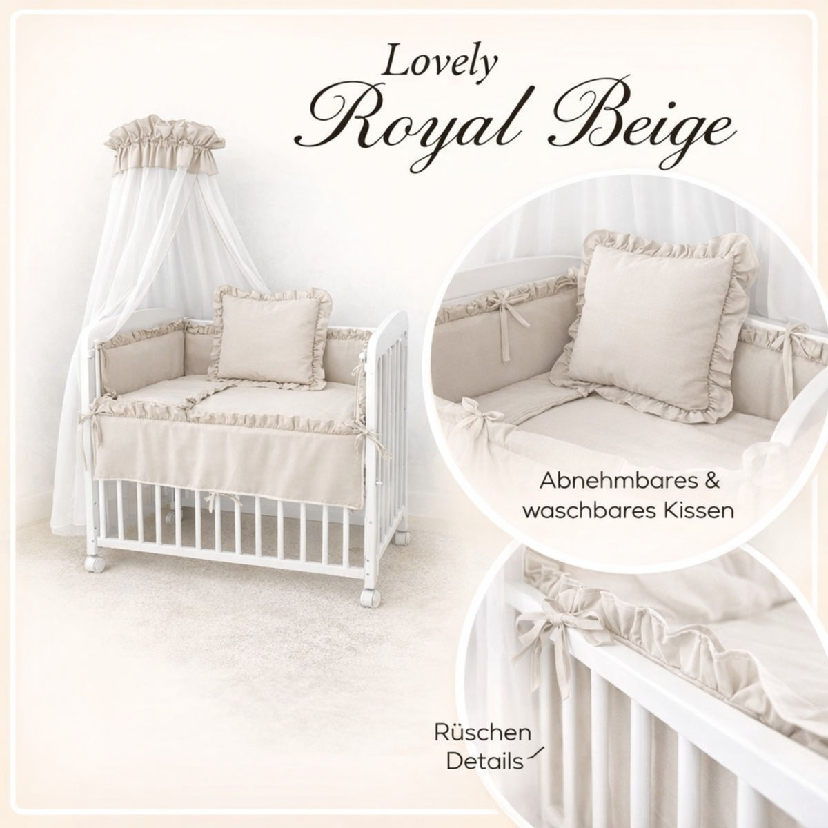 Babyhafen Beistellbett 90x40 Royal Beige mit Himmel und Rueschen Bettset
