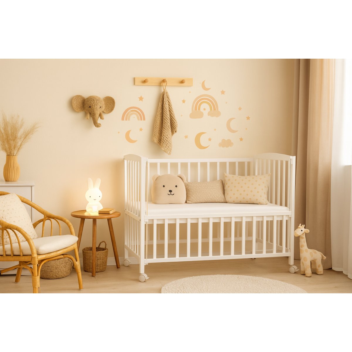 Babyhafen Beistellbett komplett im weißen Design, fotografiert in gemütlicher Babyzimmer-Deko