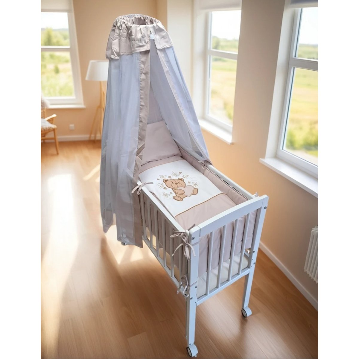 Beistellbett Knuddelbärchen Holz mit Matratze & beige Bettwäsche - babyhafen.de 