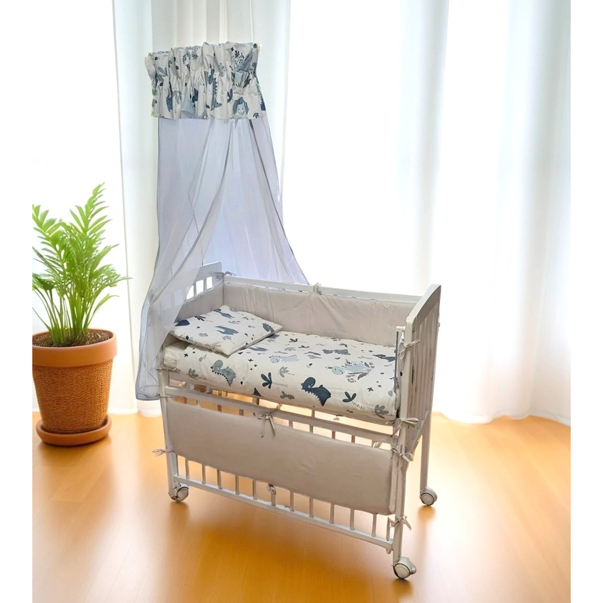 Babybettwäsche-Set für Beistellbett 40×90 – Dino Blau, 6-tlg. - babyhafen.de 