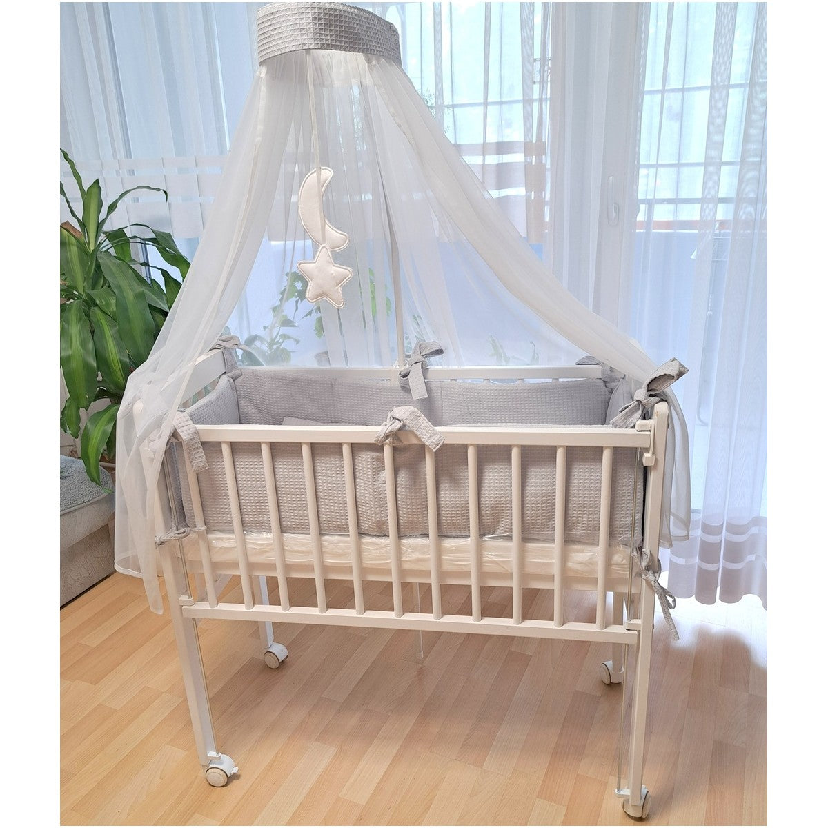 3-in-1 Beistellbett Komplettset aus Baumwollwaffel – Grau - babyhafen.de 