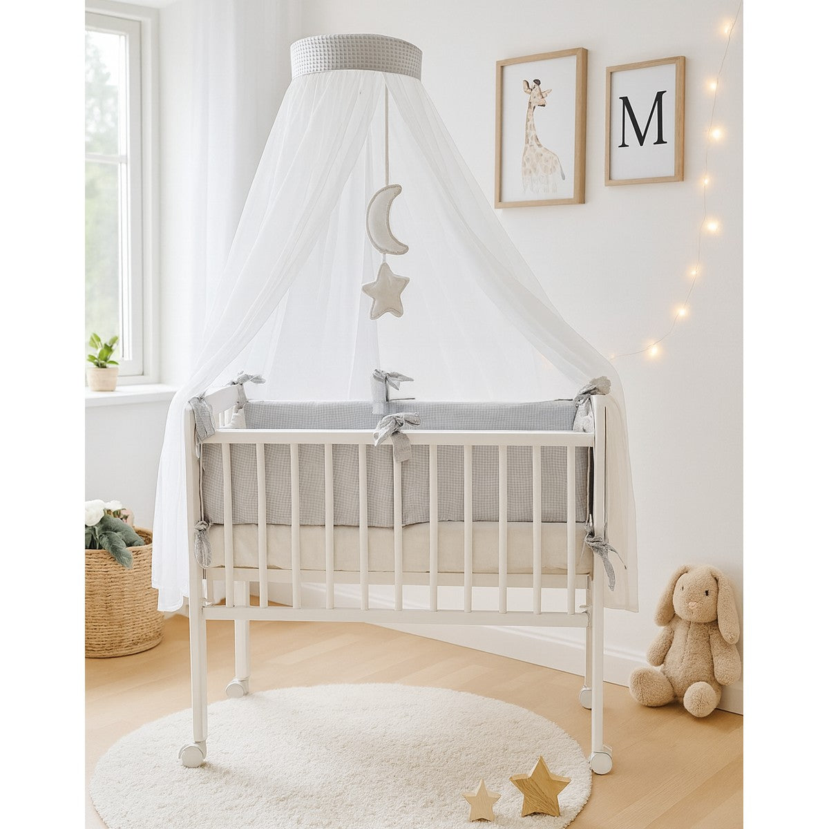 3in1 Beistellbett Babyhafen grau mit stilvoller Waffelbettwäsche