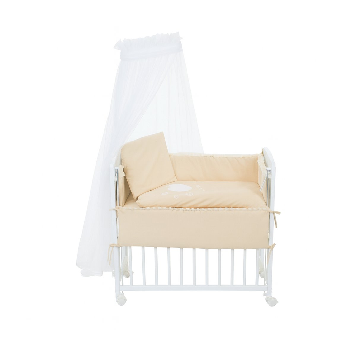 Babyhafen Beistellbett Herz Beige mit Himmel, Nestchen und Herzmotiv für Neugeborene