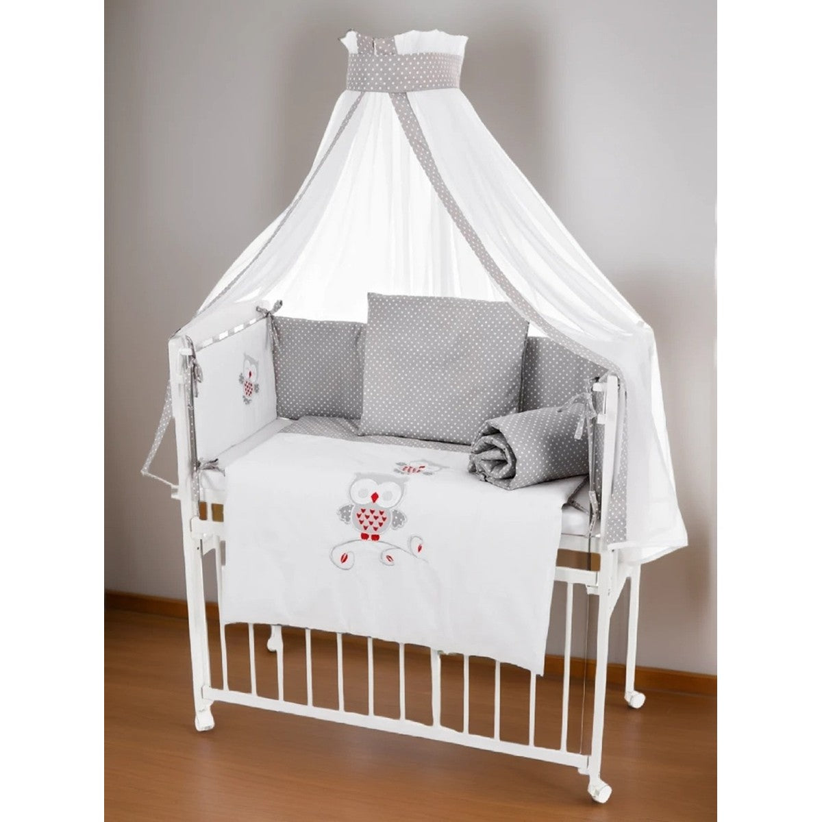 Beistellbett mit Matratze & Nestchen – Eulenmotiv Grau - babyhafen.de 