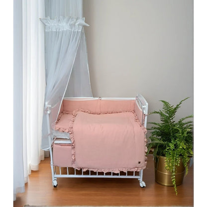 Beistellbett 40x90 mit Matratze, Himmel & 6tlg. Musselin in Rosa Bettwäsche + Wagen-Set - babyhafen.de 