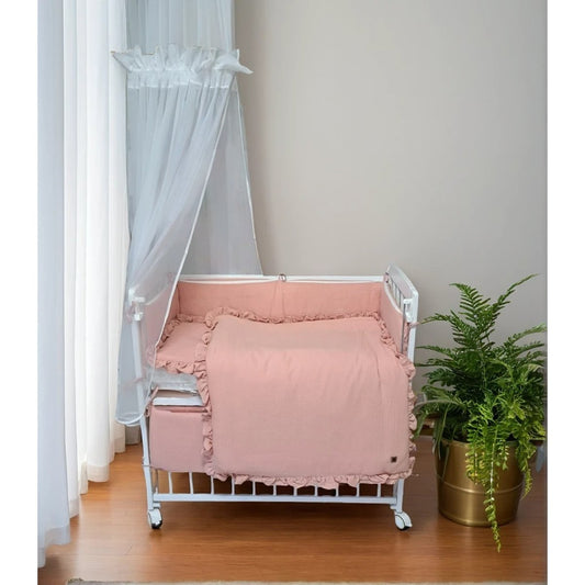 Beistellbett 40x90 mit Matratze, Himmel & 6tlg. Musselin Rosa Bettwäsche + Wagen-Set - babyhafen.de 