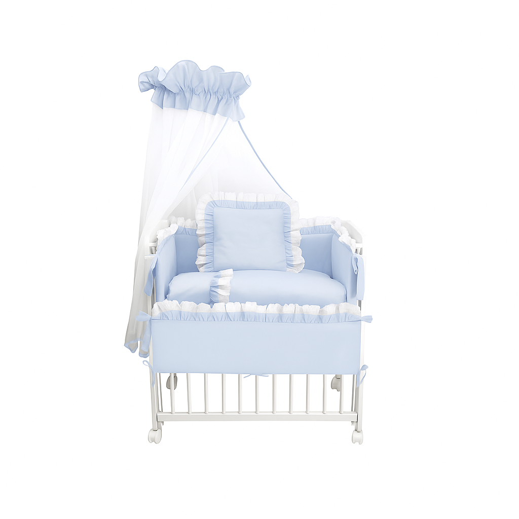 Beistellbett Baby Weiß mit Himmel und Royal Blau Bettwäsche