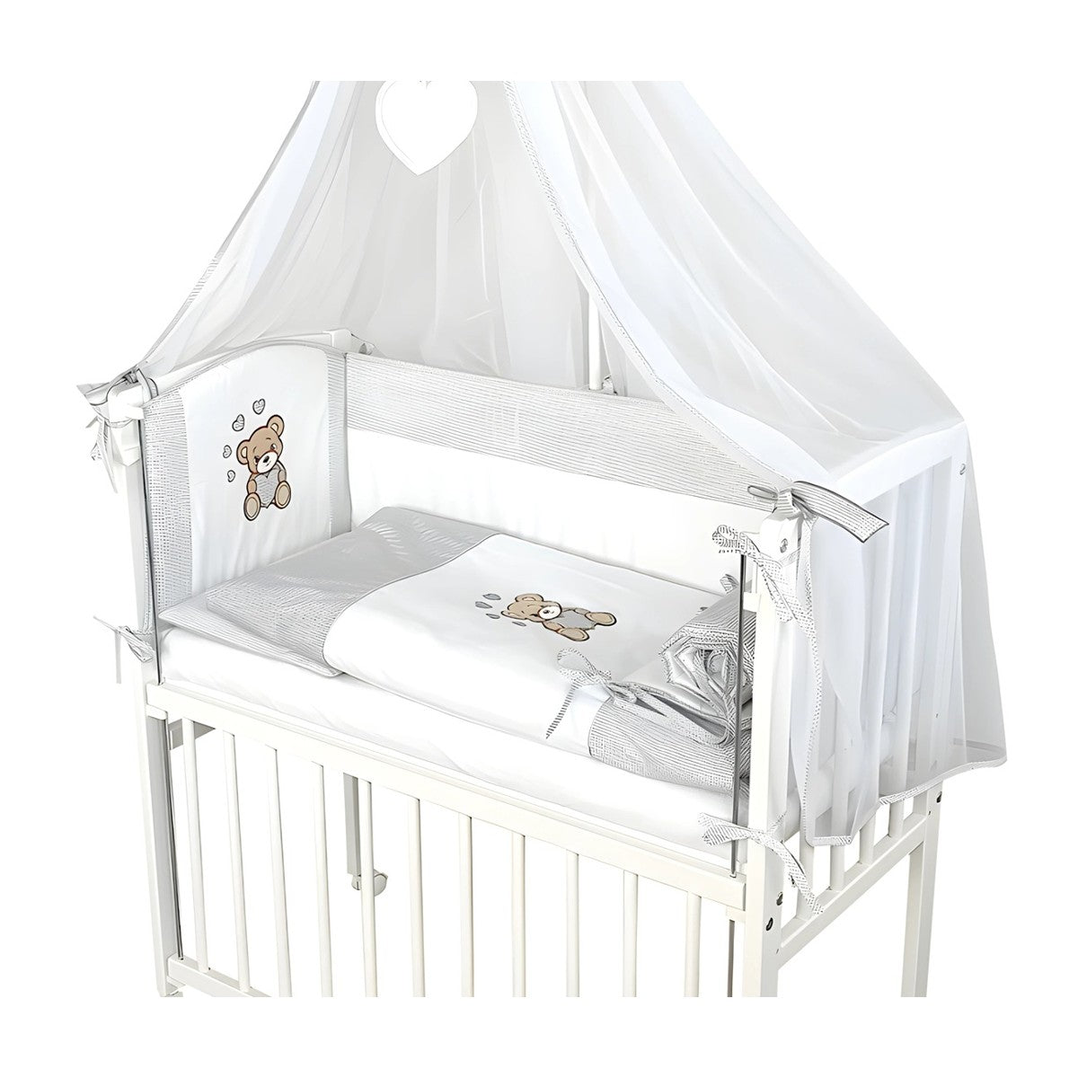 Baby Beistellbett, Textile-Ausstattung – Teddy Herzen Grau - babyhafen.de 