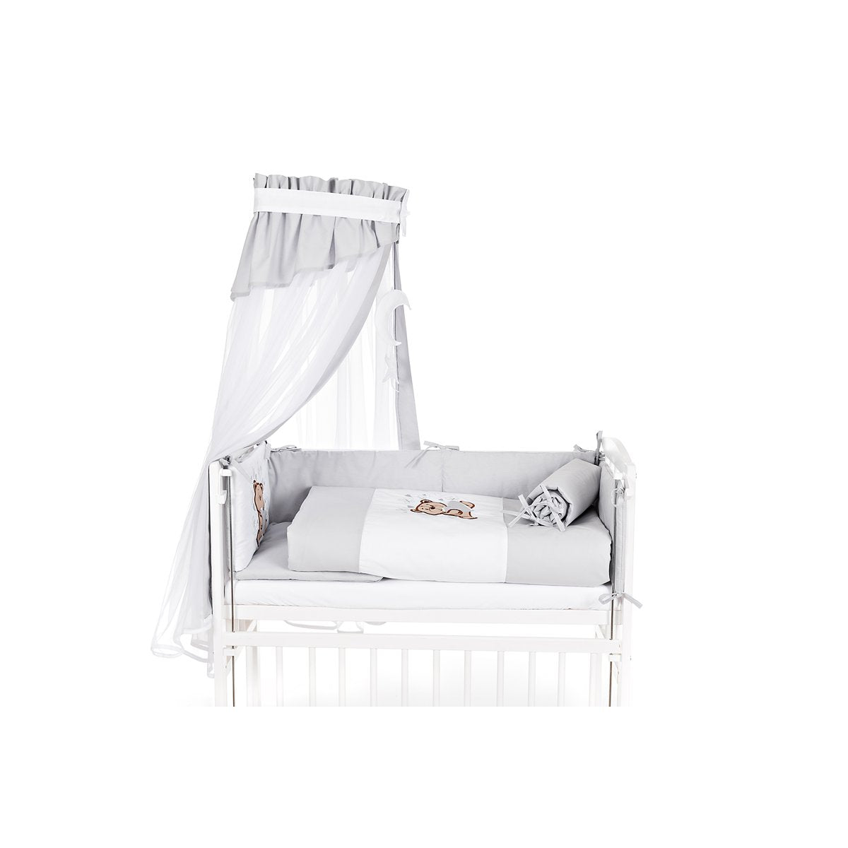 Babyhafen Beistellbett Boxspring 90x40 cm mit Matratze & Teddy-Set grau - babyhafen.de 