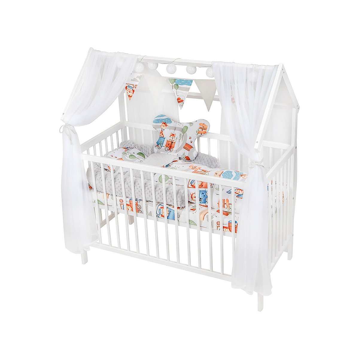 Hausbett Deko Set Tiere Eisenbahn mit Himmel und Bettwäsche