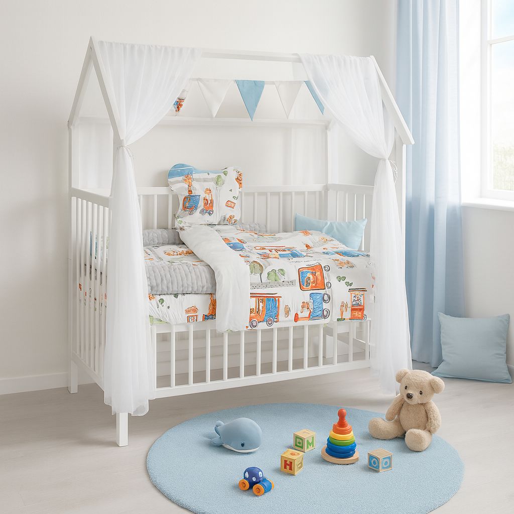 Kinderbett-Hausbett Deko Set Tiere Eisenbahn mit Himmel und Bettwäsche