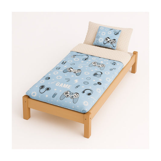 Babyhafen Kindergarten Schlafset in Blau mit Gamer-Motiv – weicher Minky Deckenschlafsack mit Kissen für Vorschule und Reise