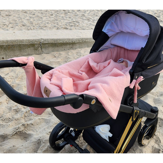 Baby-Kinderwagen Set Rosa – 5-teilig – Musselin Baumwolle 100% - babyhafen.de 