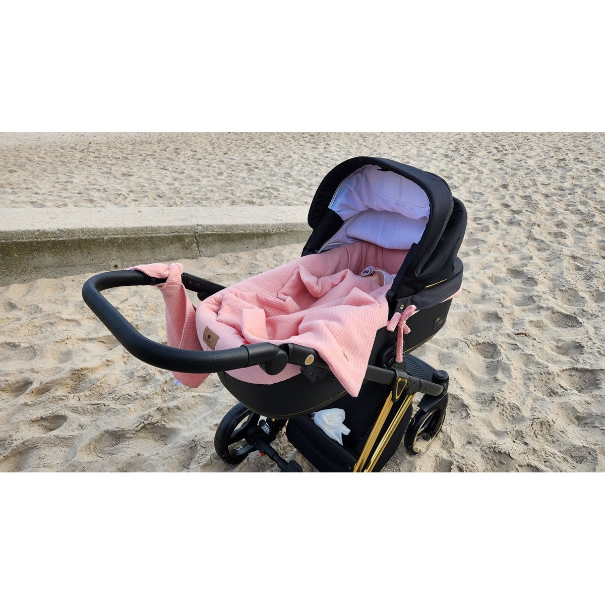 Baby-Kinderwagen Set Rosa – 5-teilig – Musselin Baumwolle 100% - babyhafen.de 