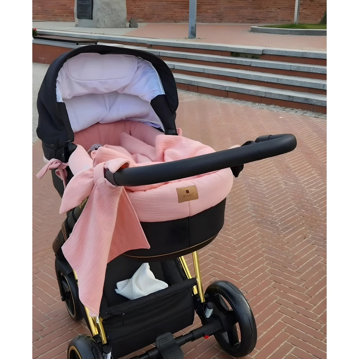 Baby-Kinderwagen Set Rosa – 5-teilig – Musselin Baumwolle 100% - babyhafen.de 