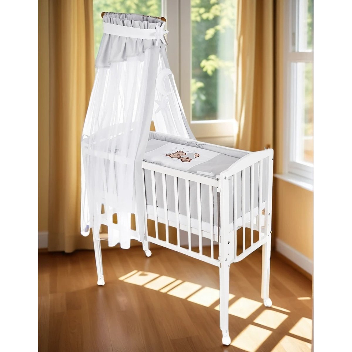 Babyhafen Beistellbett Boxspring 90x40 cm mit Matratze & Teddy-Set grau - babyhafen.de 