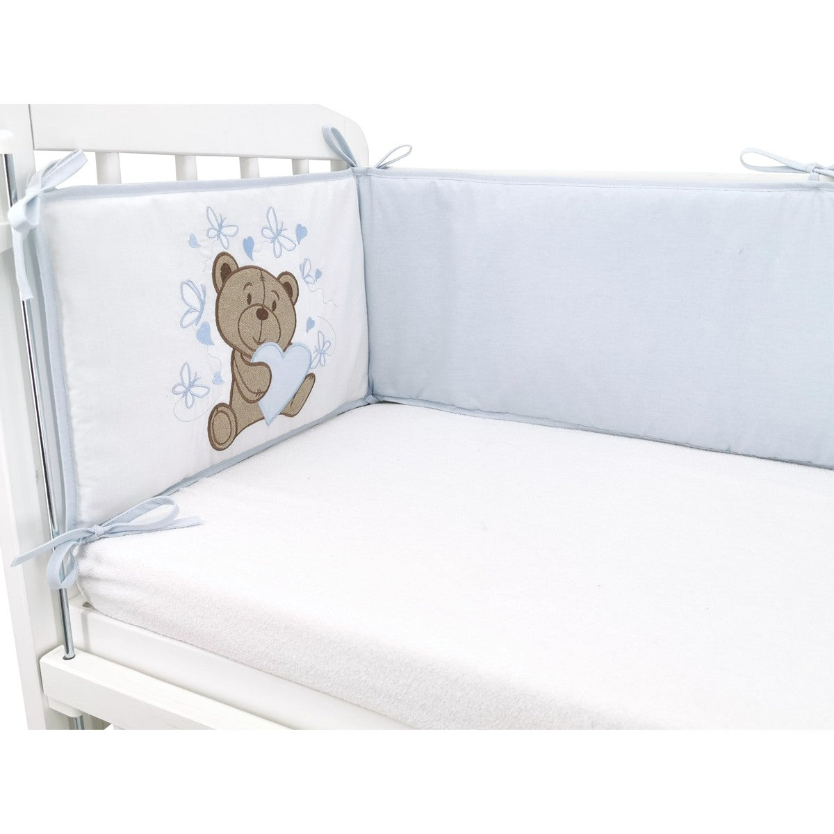 Babyhafen Nestchen Knuddelbär Blau – weiche Bettumrandung mit Bärenmotiv für Beistellbett