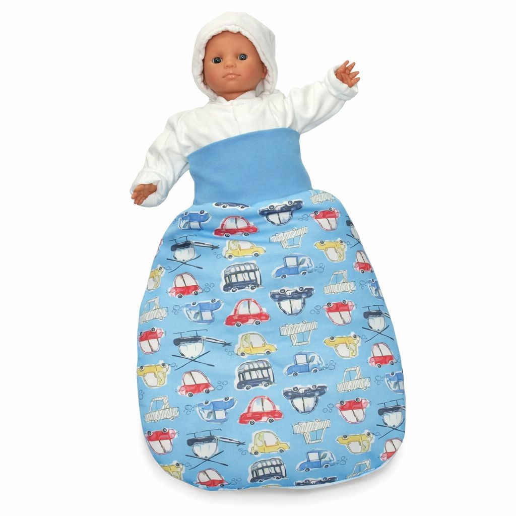 Praktischer Babyschlafsack Autos hellblau 0–6 Monate im Bettchen