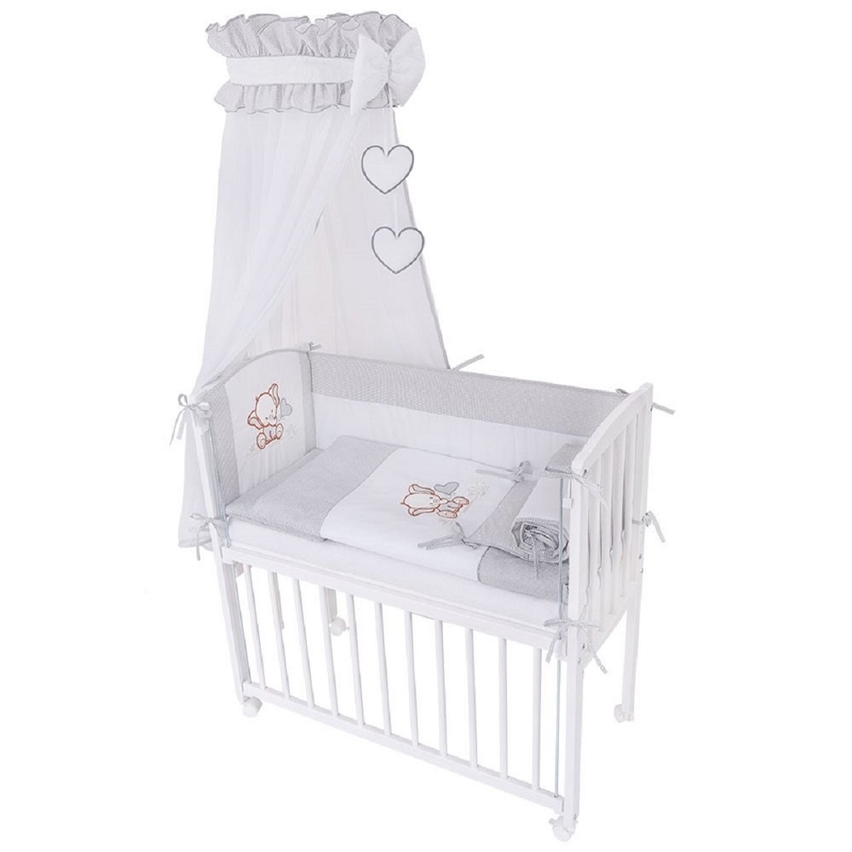 Beistellbett 90x40 cm in Weiß mit grauer Elefanten-Bettwäsche und Himmel – Babyhafen