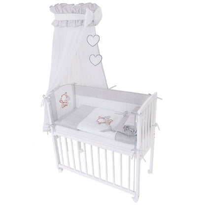 Beistellbett 90x40 cm in Weiß mit grauer Elefanten-Bettwäsche und Himmel – Babyhafen