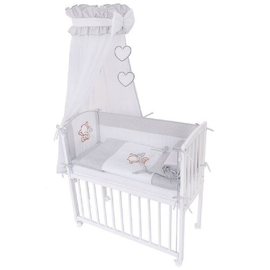 Beistellbett 90x40 cm in Weiß mit grauer Elefanten-Bettwäsche und Himmel – Babyhafen
