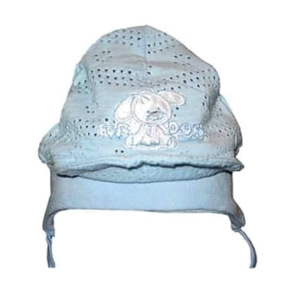 Niedliche Babymütze in Hellblau mit Bindebändern und Hund