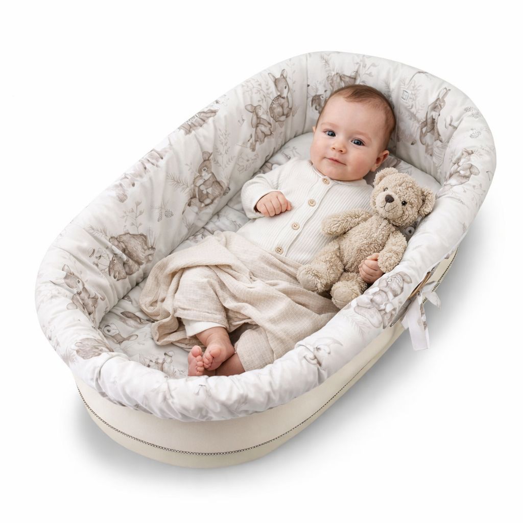 Babynestchen mit Waldtiere Motiv in Beige – weiches Babynest für Neugeborene