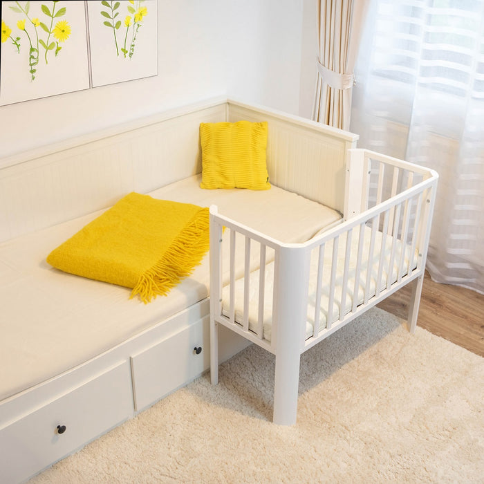 Babyhafen Beistellbett 2in1, weiß, mit Aloe vera Matratze - babyhafen.de 