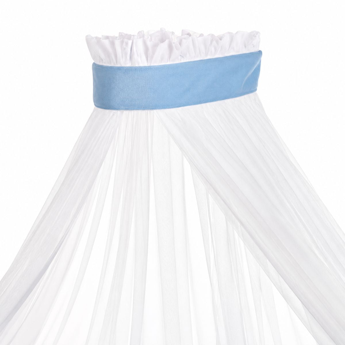 Weißer Baldachin mit blauem Samtband für Beistellbett und Babybett