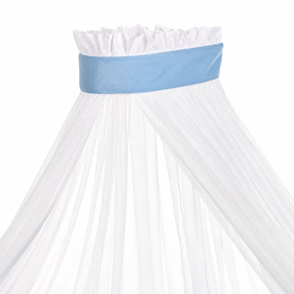 Weißer Baldachin mit blauem Samtband für Beistellbett und Babybett