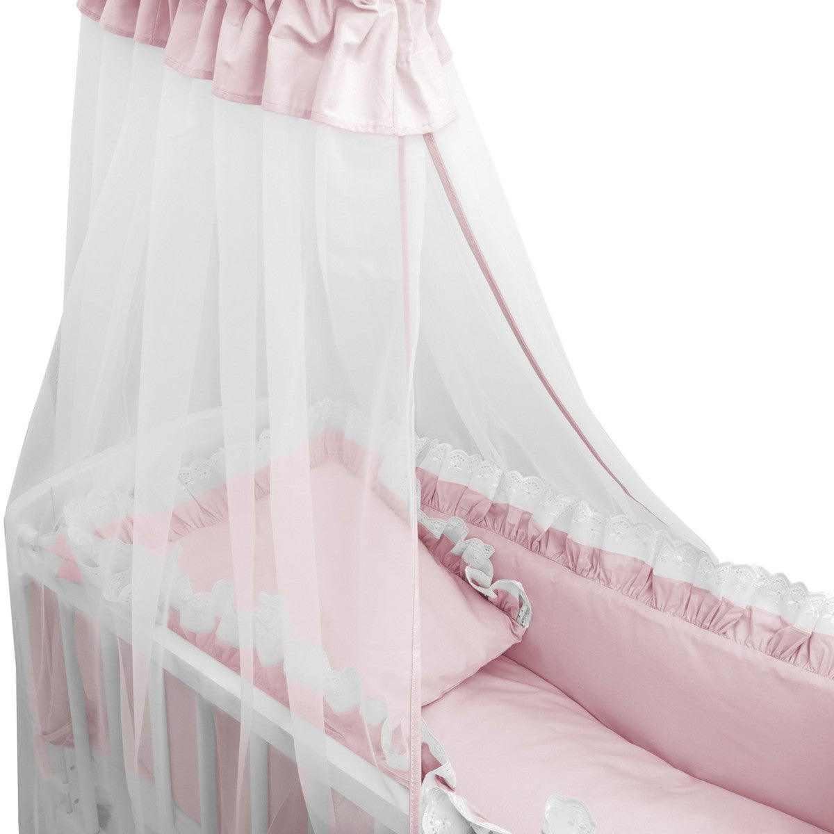 3in1 Beistellbett Royal Rosa Spitze mit Nestchen und Baldachin Seitenansicht