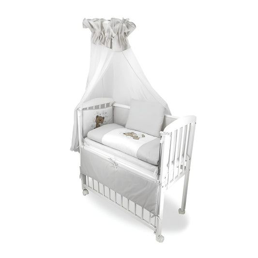 Boxspring-Beistellbett Weiß mit grauer Ausstattung und Teddy - Babyhafen