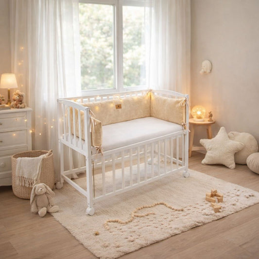 Beistellbett 40x90 beige im Babyzimmer mit Nestchen