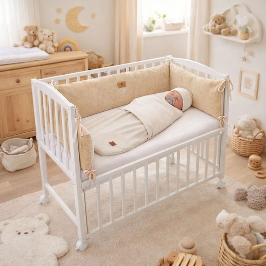 Beistellbett 40x90 Babybett mit Matratze, Nestchen & Pucktuch Beige
