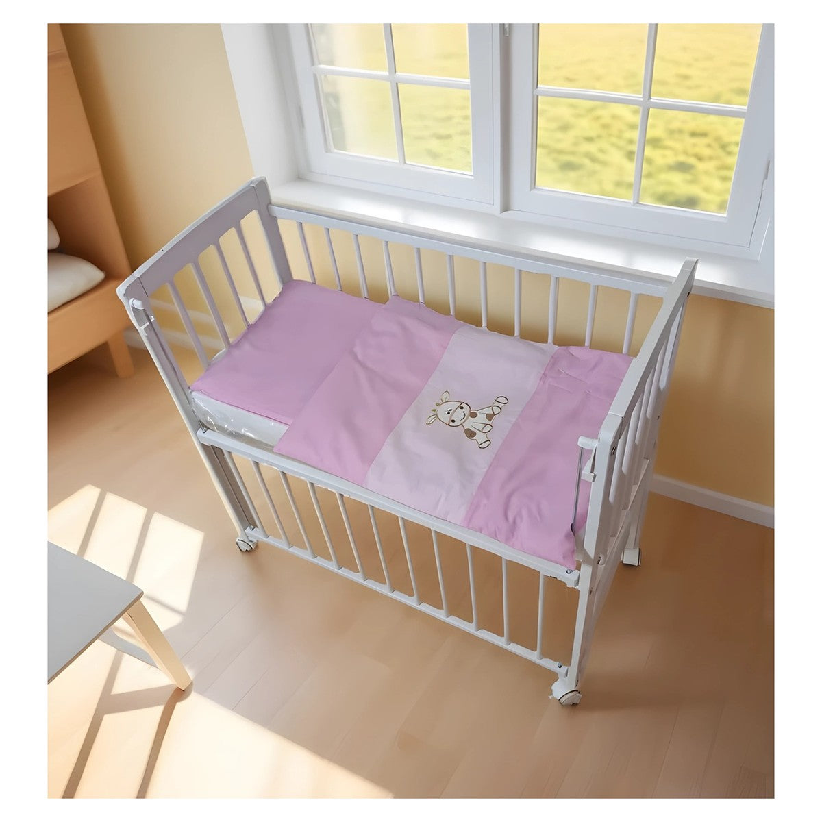 Beistellbett 40x90 weiß mit rosa Bettwäsche Set mit Giraffenmotiv