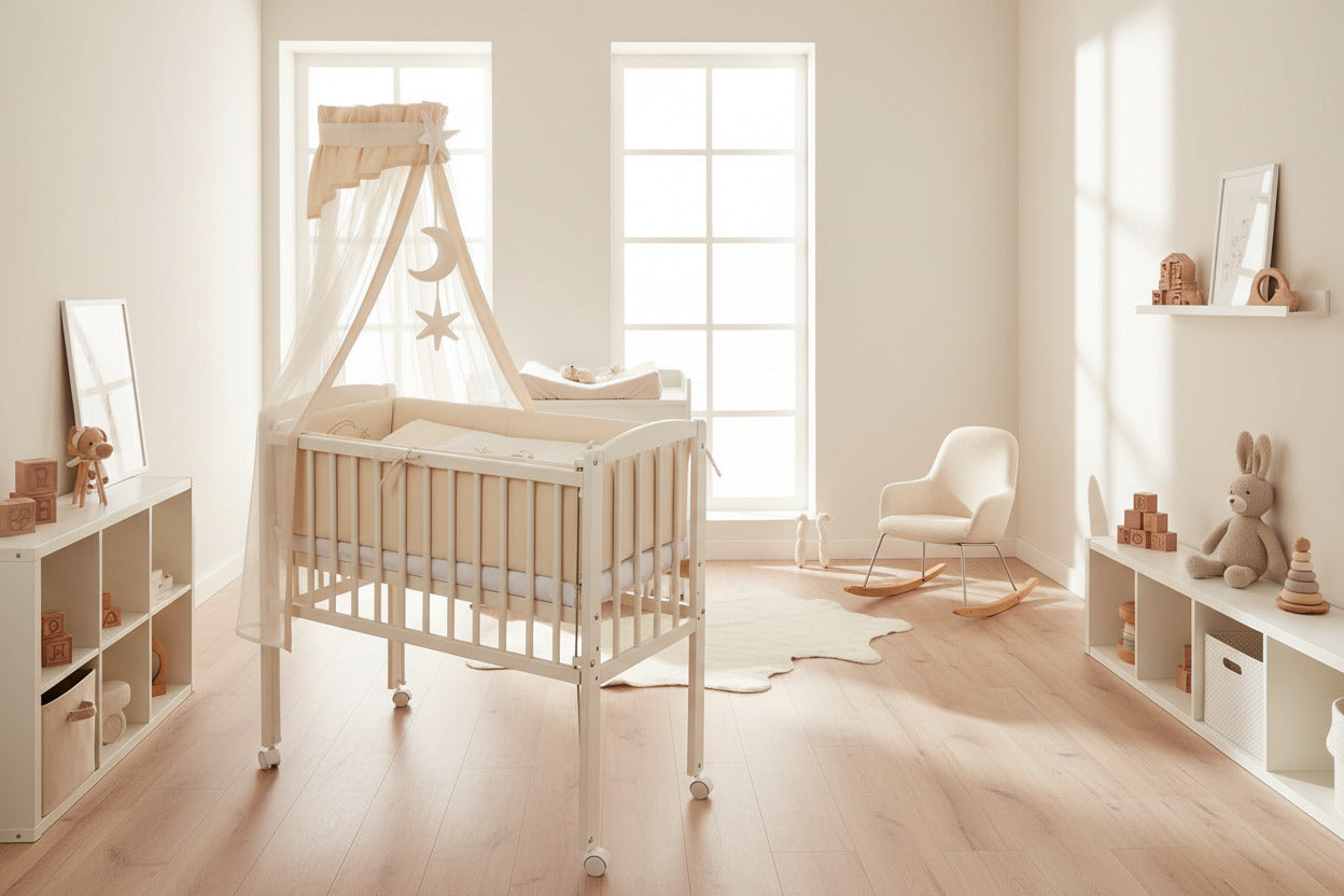 Babyzimme mit schoene Bybybett in Beige - Babyhafen